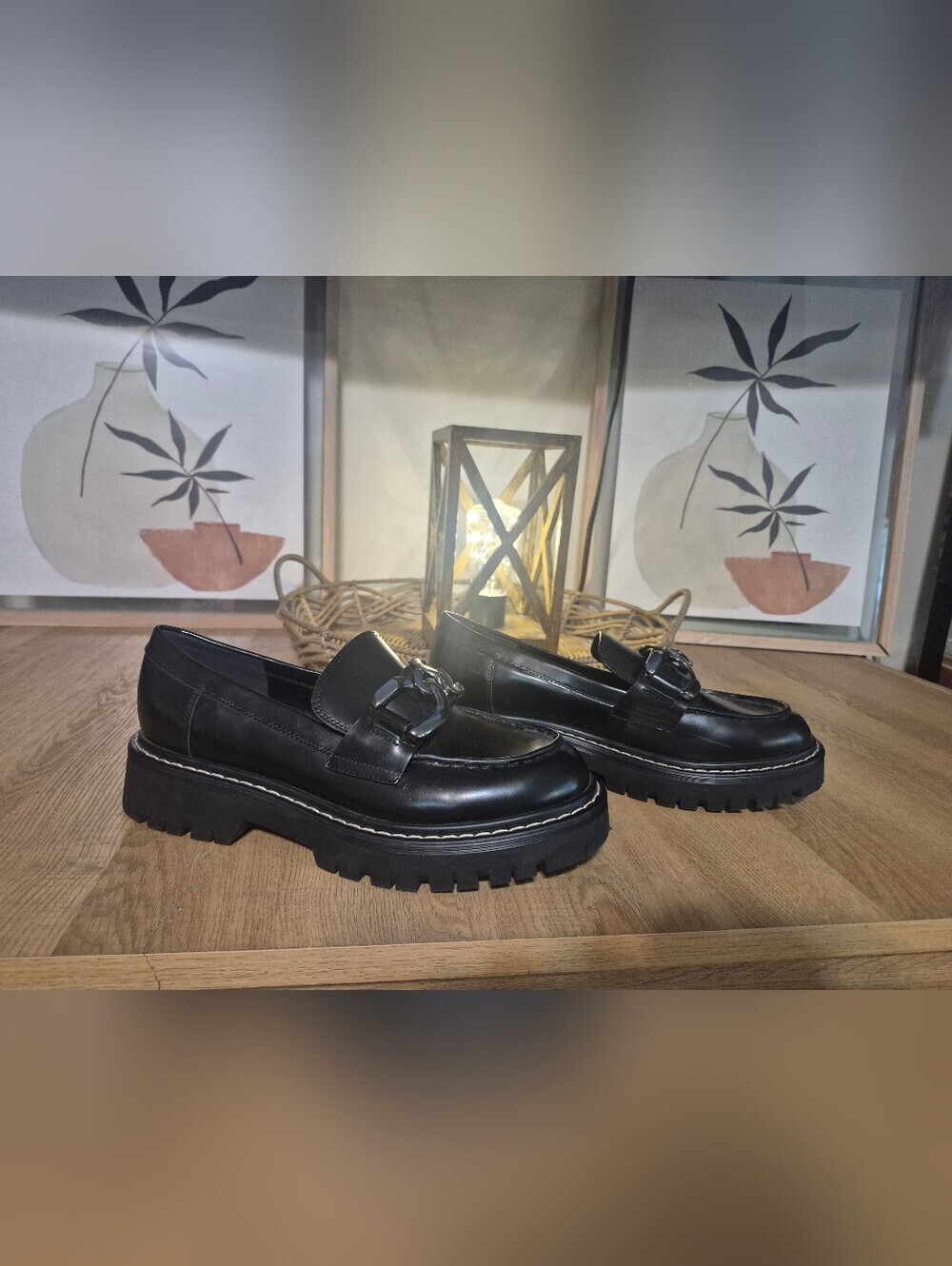 Marc Fisher Black Lug Sole Loafers with Chain ( See Last Photo Small Detail)